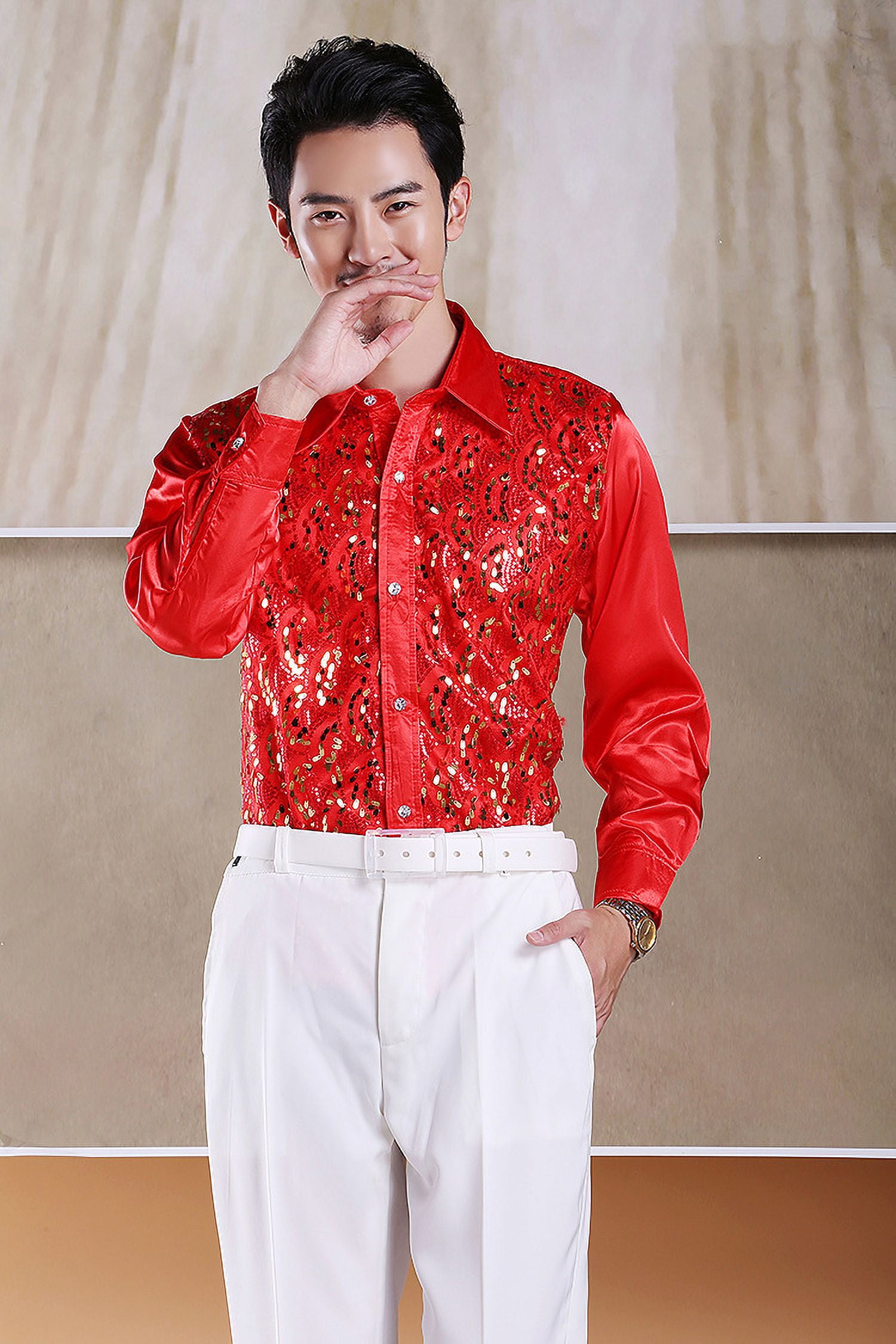 Camisa De Lentejuelas De Los Años 70 Para Hombre – Manga Larga Con Efecto Brillante, Ideal Para Disfraces De Discoteca, Fiestas Y Espectáculos Escénicos