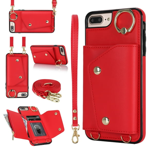 ShellTech for iPhone 7 Plus/8 Plus Case with Card Holder and Strap - Zipper Pocket,Crossbody Lanyard Strap,Credit Card Holder,Stand Ring,Cute Phone Wallet Case for Women,Red