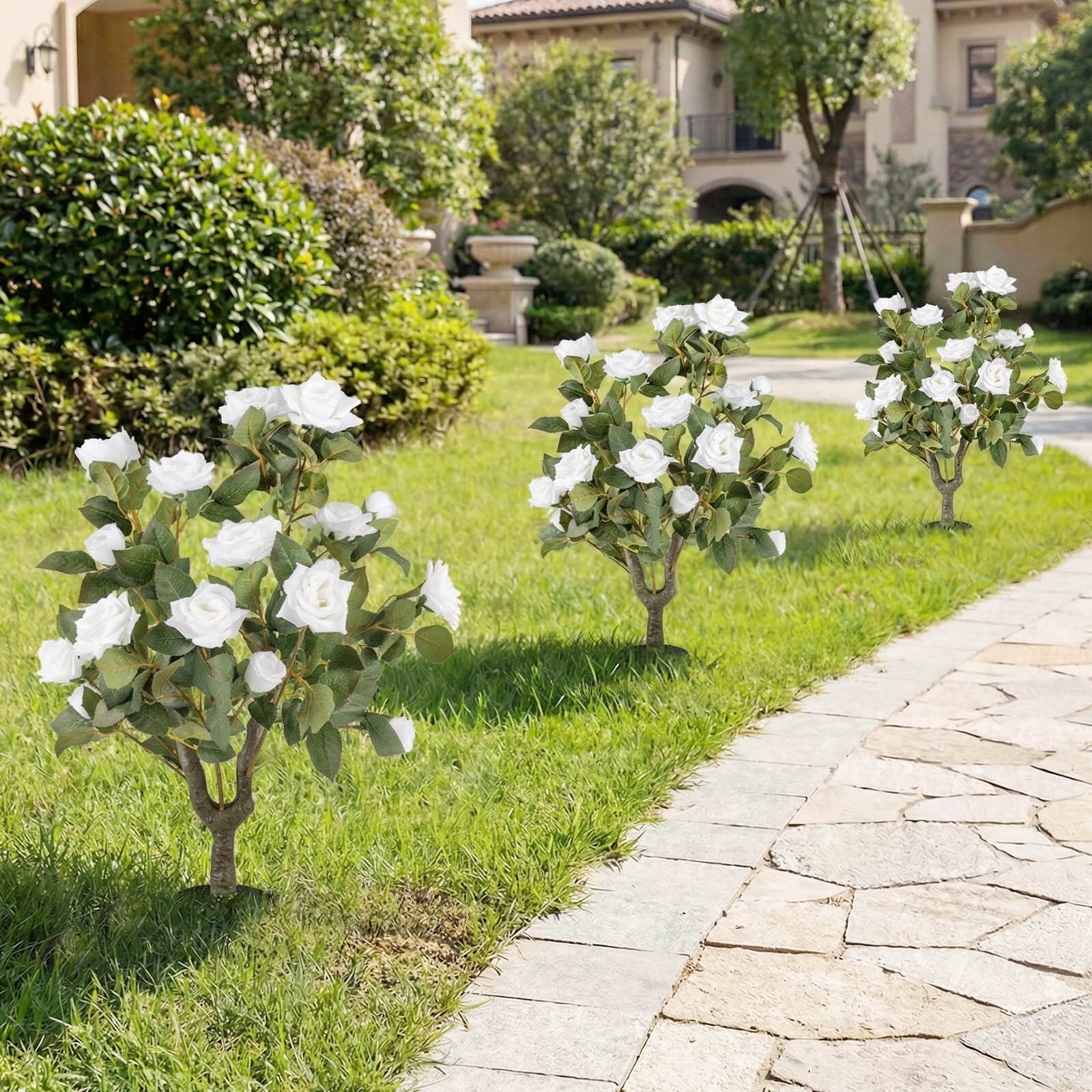 Costway 2 Pack Artificial Rose Flower Trees,31.5" with Spikes,186 Leaves & 18 White Flowers White + Green