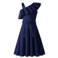 thumbnail image 2 of Oudiya Girls One Shoulder Dress Formal Ruffle Trim Birthday Party Dresses with Belted Pockets for Kids 5-12Y, 2 of 7