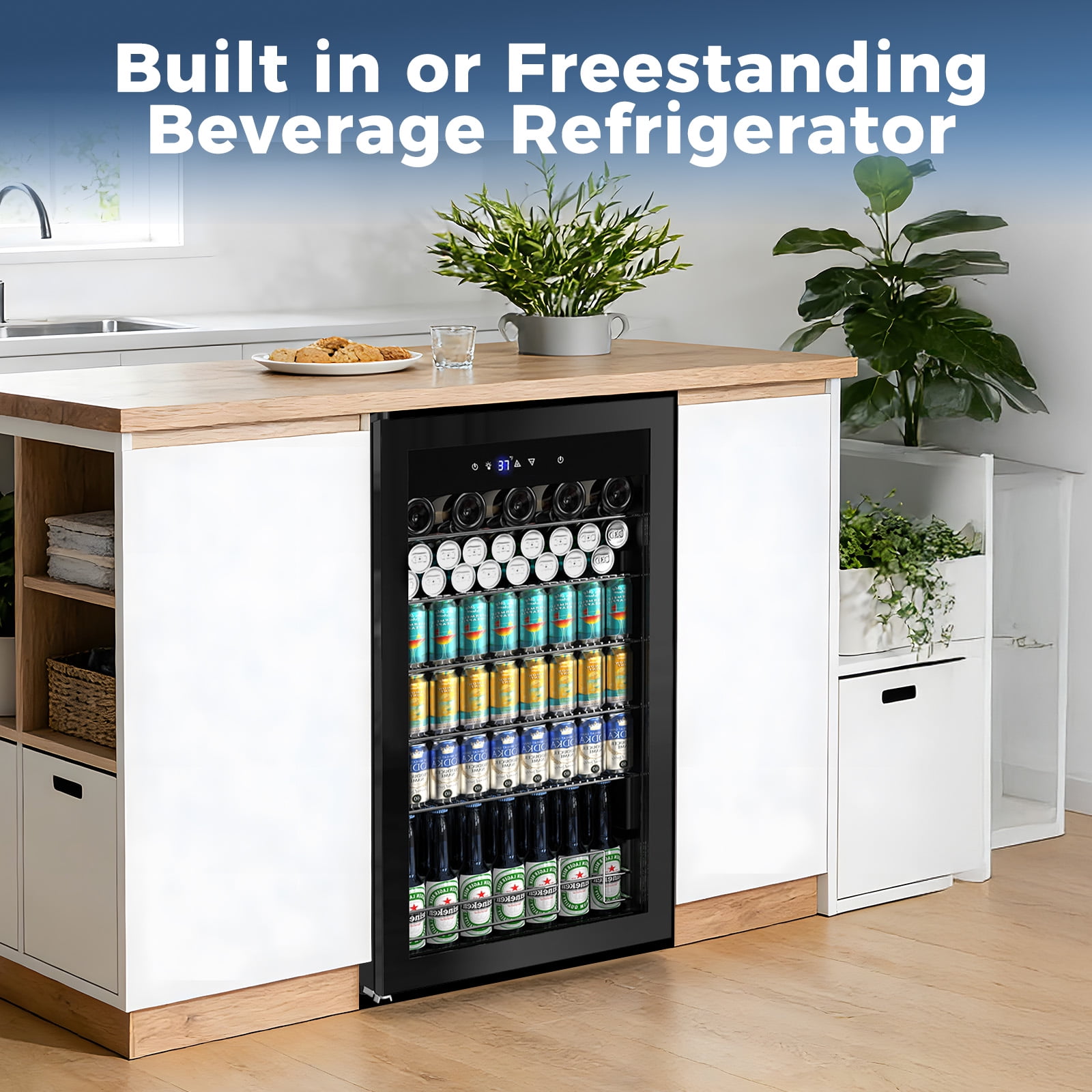 TITTLA 150 Can Beverage Refrigerator with Glass Door,Extra Bottles Rack,Touch Control Panel,Freestanding Mini Fridge,Black