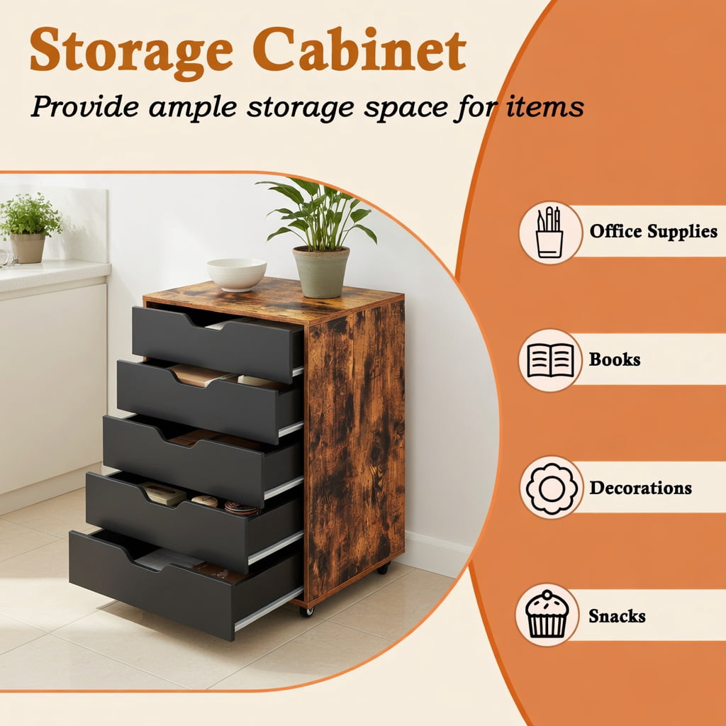 Demi Bonn 5 Drawer Mobile Lateral Filing Cabinet Storage Home Office Floor Cabinet with 4 Wheels, Brown