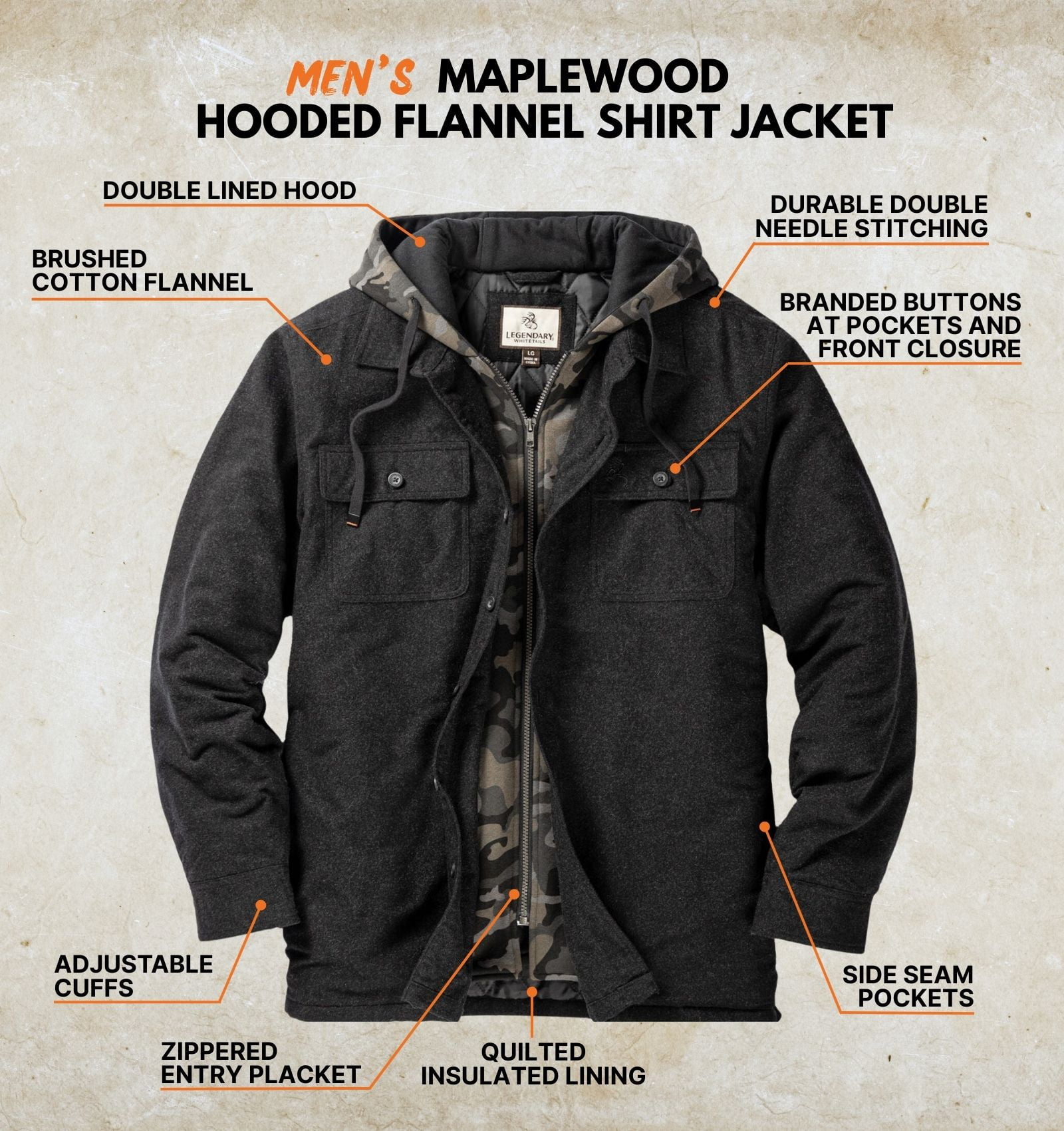 Legendary Whitetails Men's Maplewood Hooded Flannel Shirt Jacket