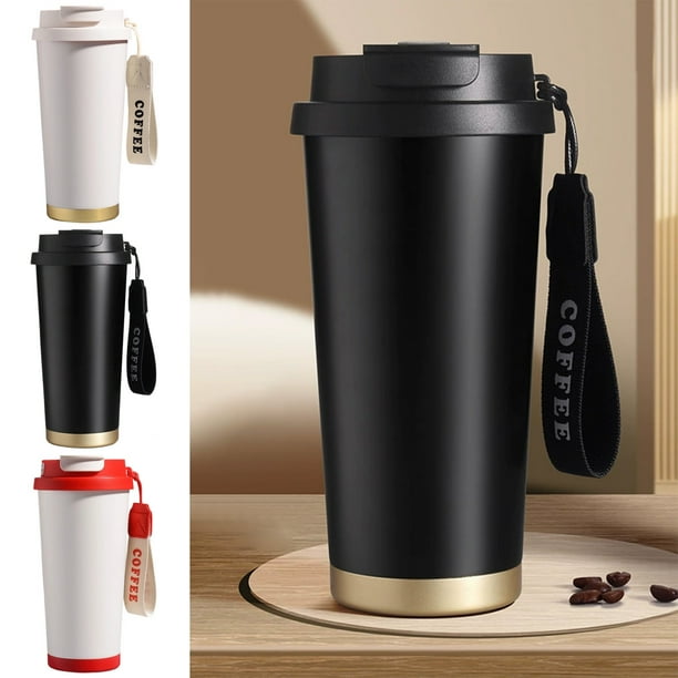 Taza de café aislada de acero inoxidable 500ml | Termo al vacío 304 con pajita, tapa impermeable, correa de nailon | Bebidas calientes y frías, vaso portátil de viaje, blanco/negro/rojo, duradero