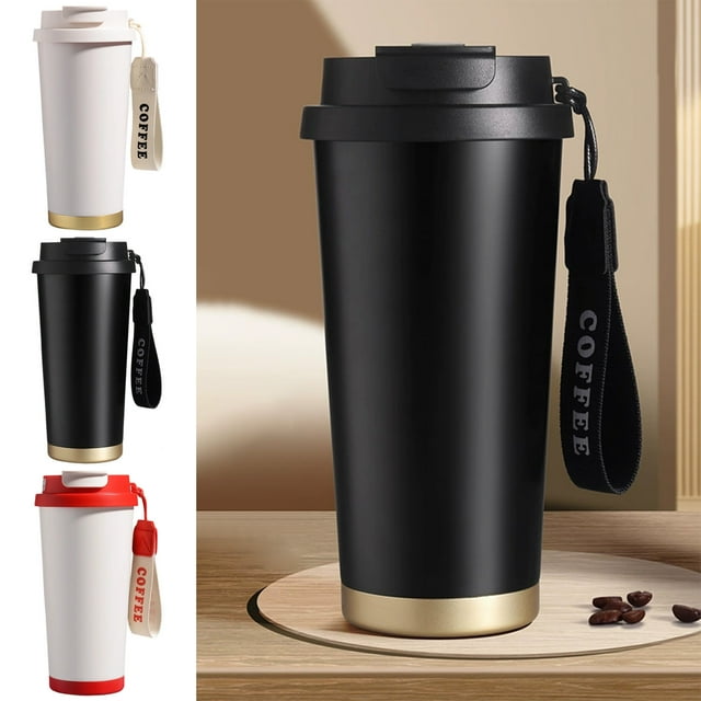 Taza de café aislada de acero inoxidable 500ml | Termo al vacío 304 con pajita, tapa impermeable, correa de nailon | Bebidas calientes y frías, vaso portátil de viaje, blanco/negro/rojo, duradero