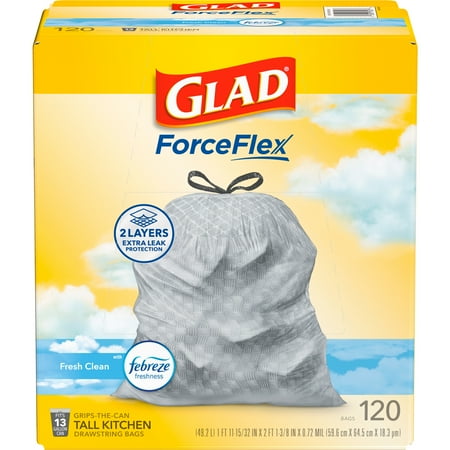 Glad ForceFlex Tall Kitchen Trash Bags, 13 Gallon, 120 Bags (Fresh Clean Scent, Febreze Freshness)