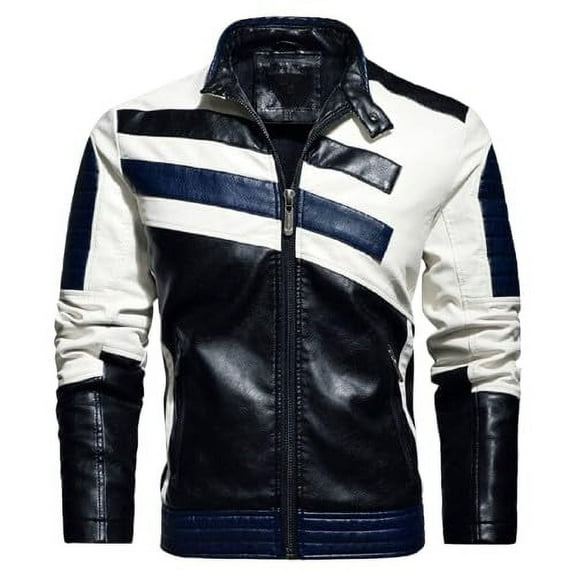 HIDE CRAFTS Men's White Biker Leather Moto Jacket, Slim Fit Striped Black Blue White Toned, Classic Rider Style (US, Alpha, X-Large, Regular, Regular, White and Black)