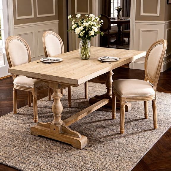 Set of 2 French Style Dining Chairs, Solid Wood Frame, Linen Fabric Oval Back, Beige