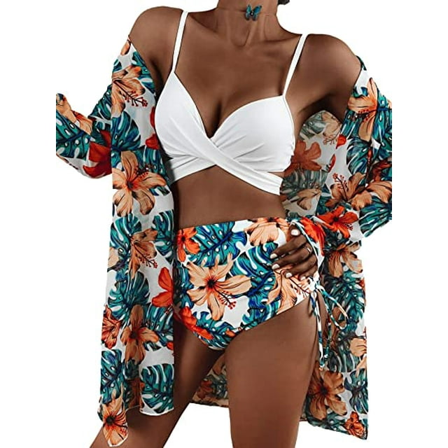 Traje de baño de cintura alta tropical floral con cubierta de kimono playa 3 piezas Traje de baño de bikini acolchado (XL Sincero Ropa