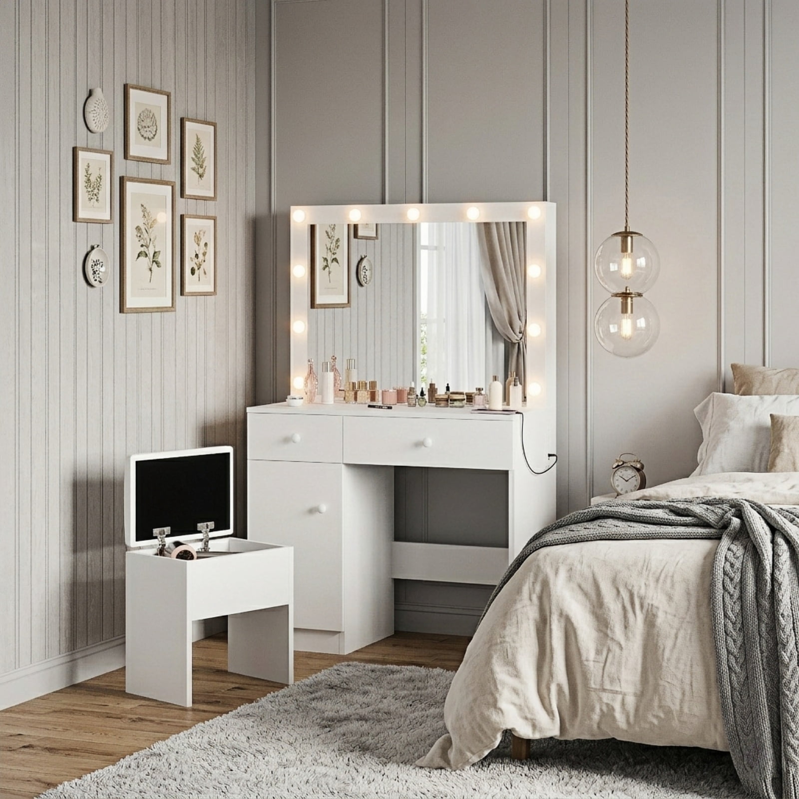 Bexfil Makeup Vanity Desk with Mirror and Power Outlet, White Vanity Desk Set with 3 Color Light Options Adjustable Brightness, Big Vanity with 2 Drawers, 1 Storage Cabinets