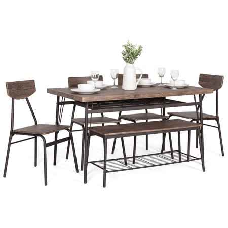 Kitchen Table Bench Seat Best Choice Products 6-Piece 55in Wooden Modern Dining Set for Home, Kitchen, Dining Room w/ Storage Racks, Rectangular Table, Bench, 4 Chairs, Steel Frame, Brown ()