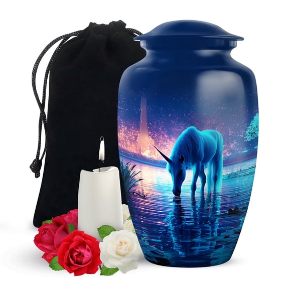 Yatskia Blue Unicorn Large Funeral Urns for Human Ashes Adult Male and Female, Decorative Cremation Urn for Ashes Adult, (Classic Large, 10 Inch)