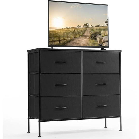 TV Stand for Living Room, Dresser for Bedroom Chest of Dresser with 6 Fabric Drawers Storage Organizers Units, Nightstand for Bed, Black