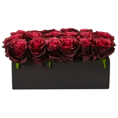 Dozen Beautiful Red Roses - Nearly Natural Dozen Silk Roses in Rectangular Planter