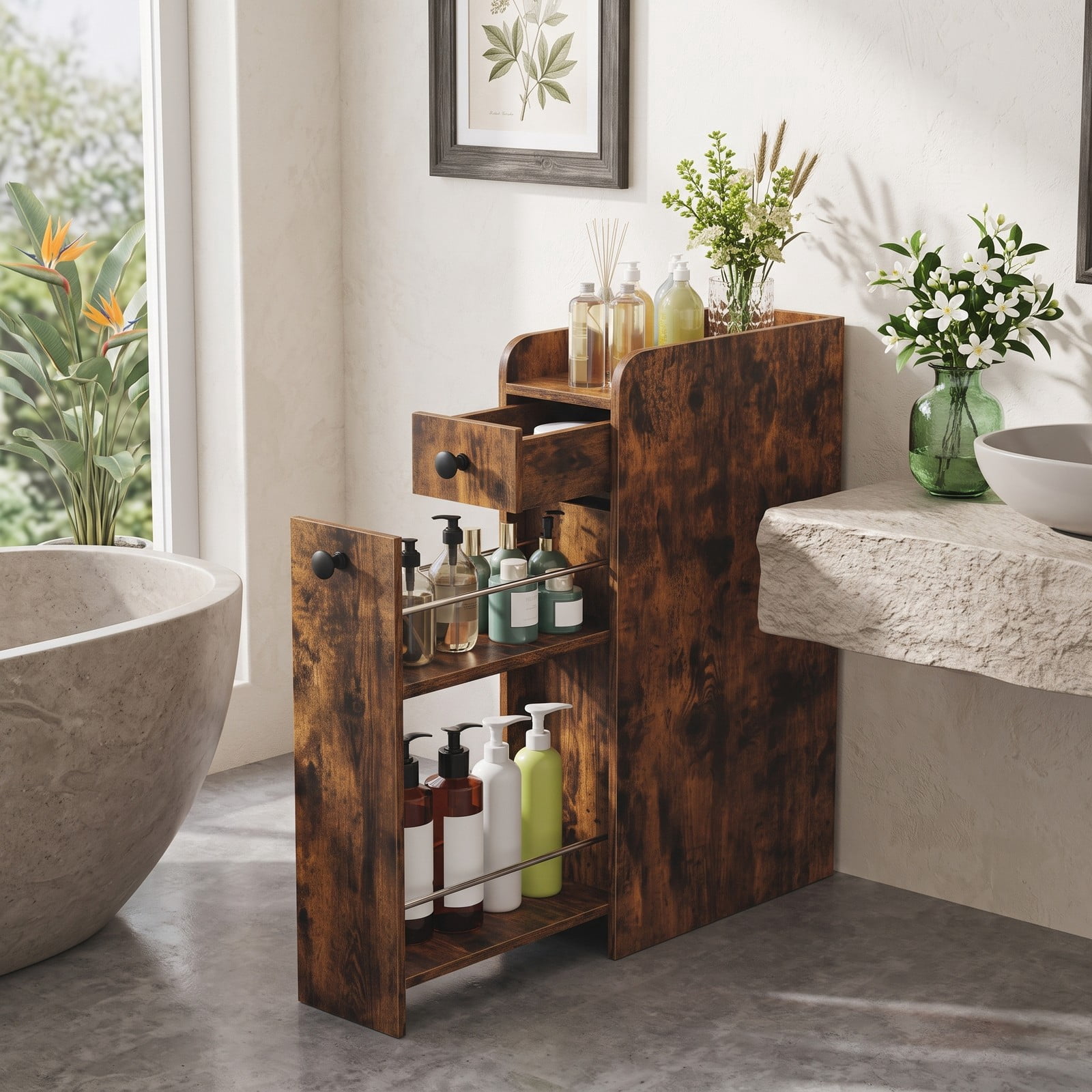 Fenbeli Small Bathroom Storage Cabinet, 4-Tier Narrow Slim Rolling Organizer with 3 Slide Out Drawers on Casters, Freestanding Storage Tower for Bathroom, Brown