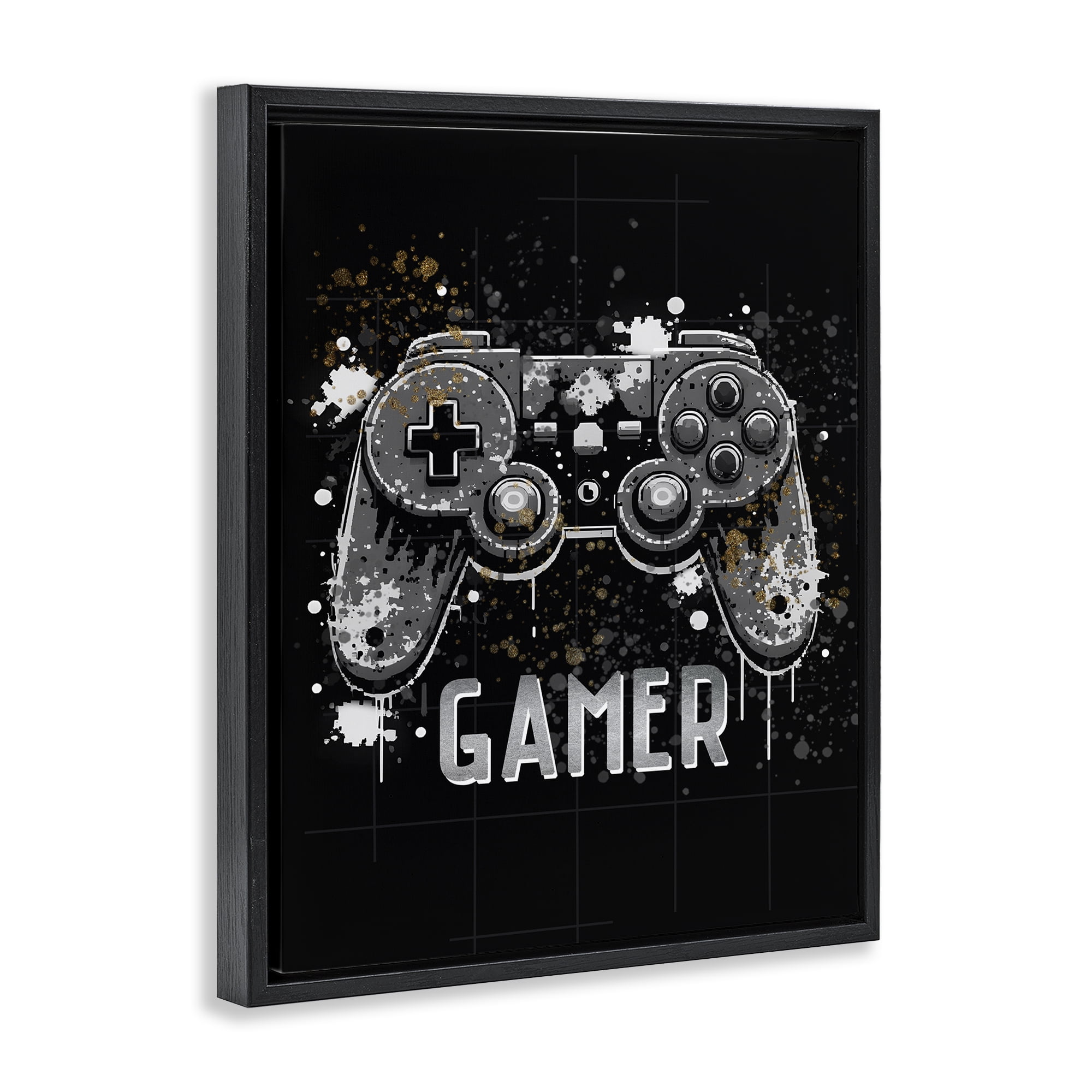 Stupell Industries Gamer with Modern Splash Entertainment Painting Black Floater Framed Canvas Art Print Wall Art, 25 x 31