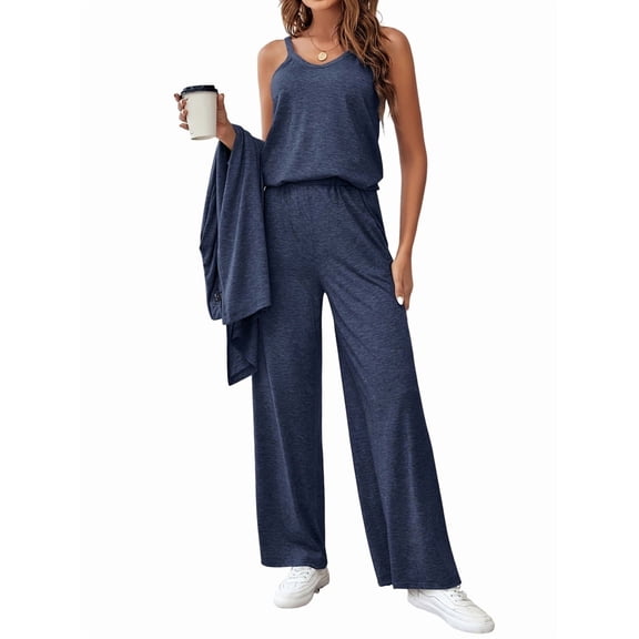 3 Piece Lounge Sets for Women Travel Vacation Outfits Fall Cardigan Matching Sleeveless Top Wide-Leg Pants Blue S