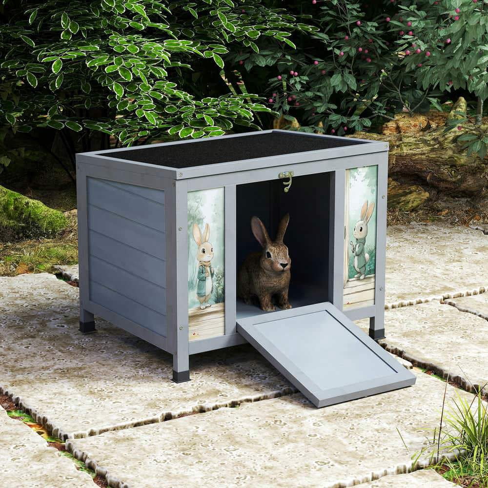 Yardi Yarda Small Wooden Rabbit Hutch with Lockable Door & Weatherproof Roof, Bunny Cage Pet House with Openable Top for Rabbits, Guinea Pigs Cats Chicks, Gray