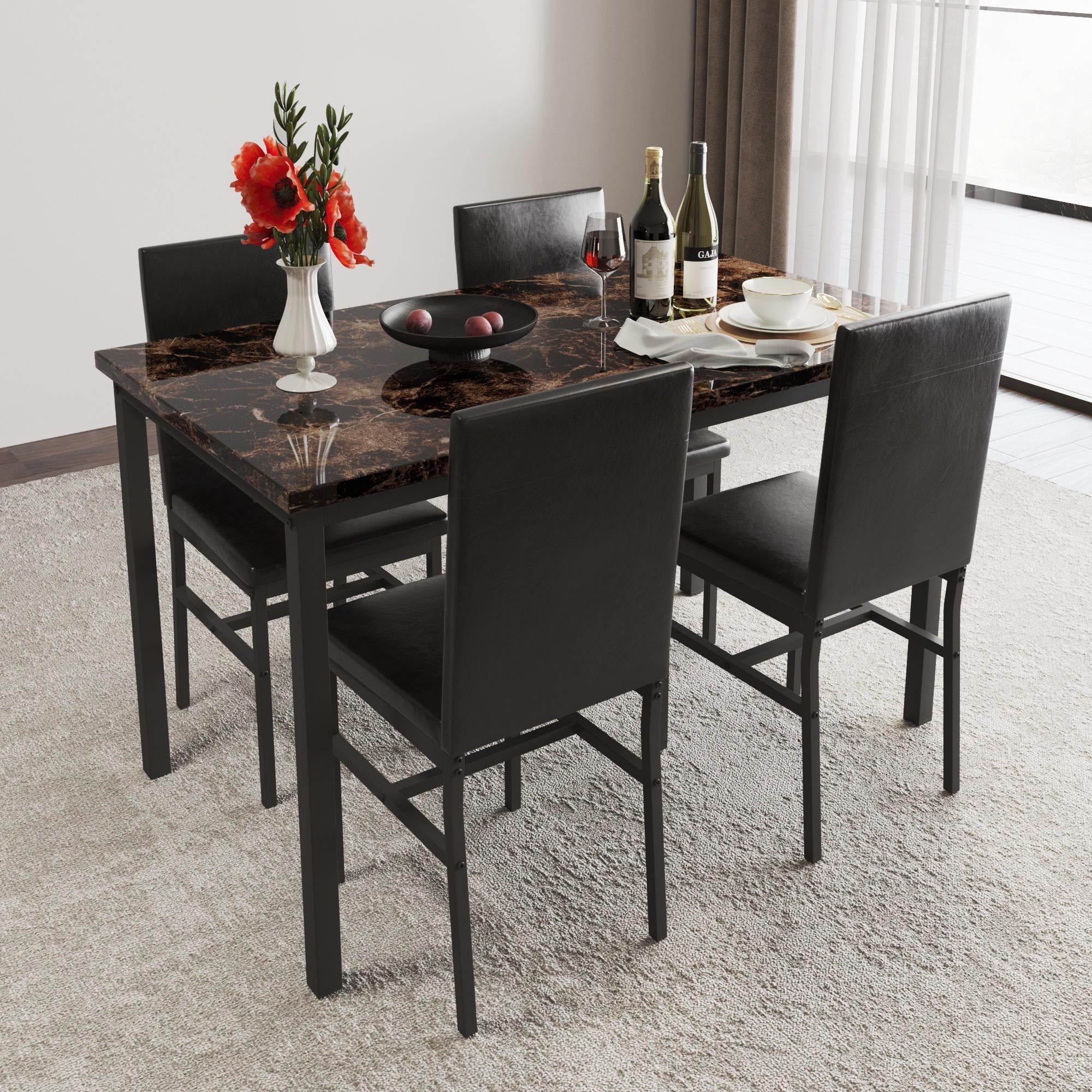 Dining Room Table Set for 4, Kitchen Table Set with 4 Upholstery Chairs Chairs, Modern Faux Marble Top Finish Dining Set for Bar, Breakfast Nook, Brown