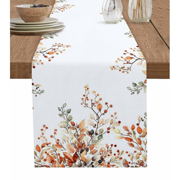 Fall Leaves Burlap Cotton Table Runner 13x70 Inches Long, Farmhouse Orange Eucalyptus Leaf Floral Farmhouse Table Runners, Outdoor Dining Tablecloths Decor for Baby Shower/Party/Wedding