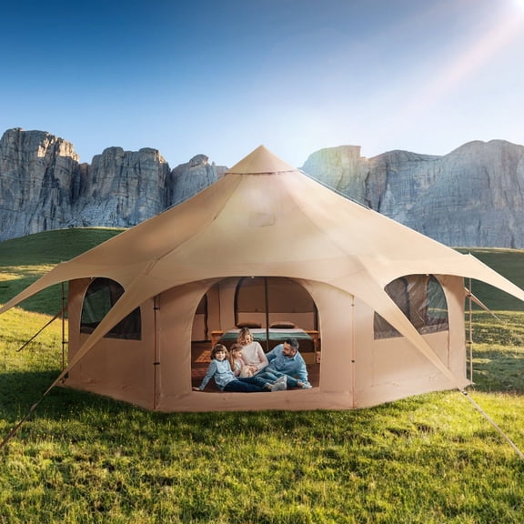 Canvas Bell Tent 5m/16.4ft, 8 Person Camping Tent with Stove Jack, 4 Season Waterproof Yurt Tent for Family, Outdoor Hunting, Breathable TC Cotton Canvas Tent