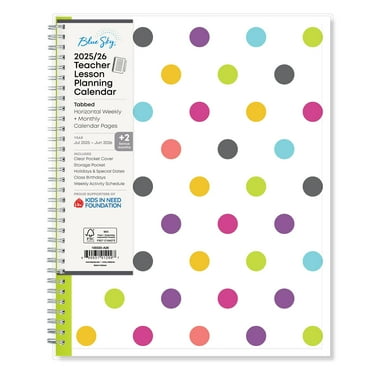Blue Sky 2025-2026 Weekly and Monthly Academic Year Teacher Lesson Planner Calendar, July 2025 - June 2026, 8.5" x 11", Flexible Cover, Wirebound, Laminated Tabs, Storage Pocket, Dots
