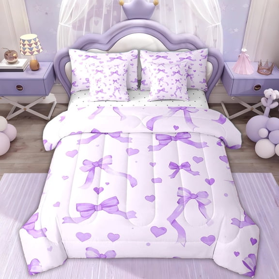 Erosebridal Ribbon Love Heart Bedding Comforter Set for Girl, Purple Watercolor King Bedding Sets, 7pcs