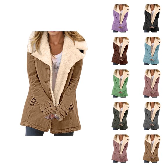 Womens Winter Coats Long Sleeve Thermal Notch Collar Suede Button Cardigan Jacket with Pockets Outerwear