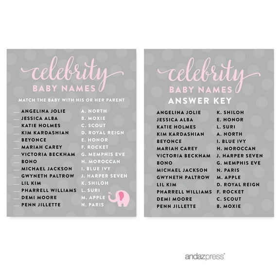 Celebrity Name Game Bubblegum Pink Girl Elephant Baby Shower Games, 20-Pack