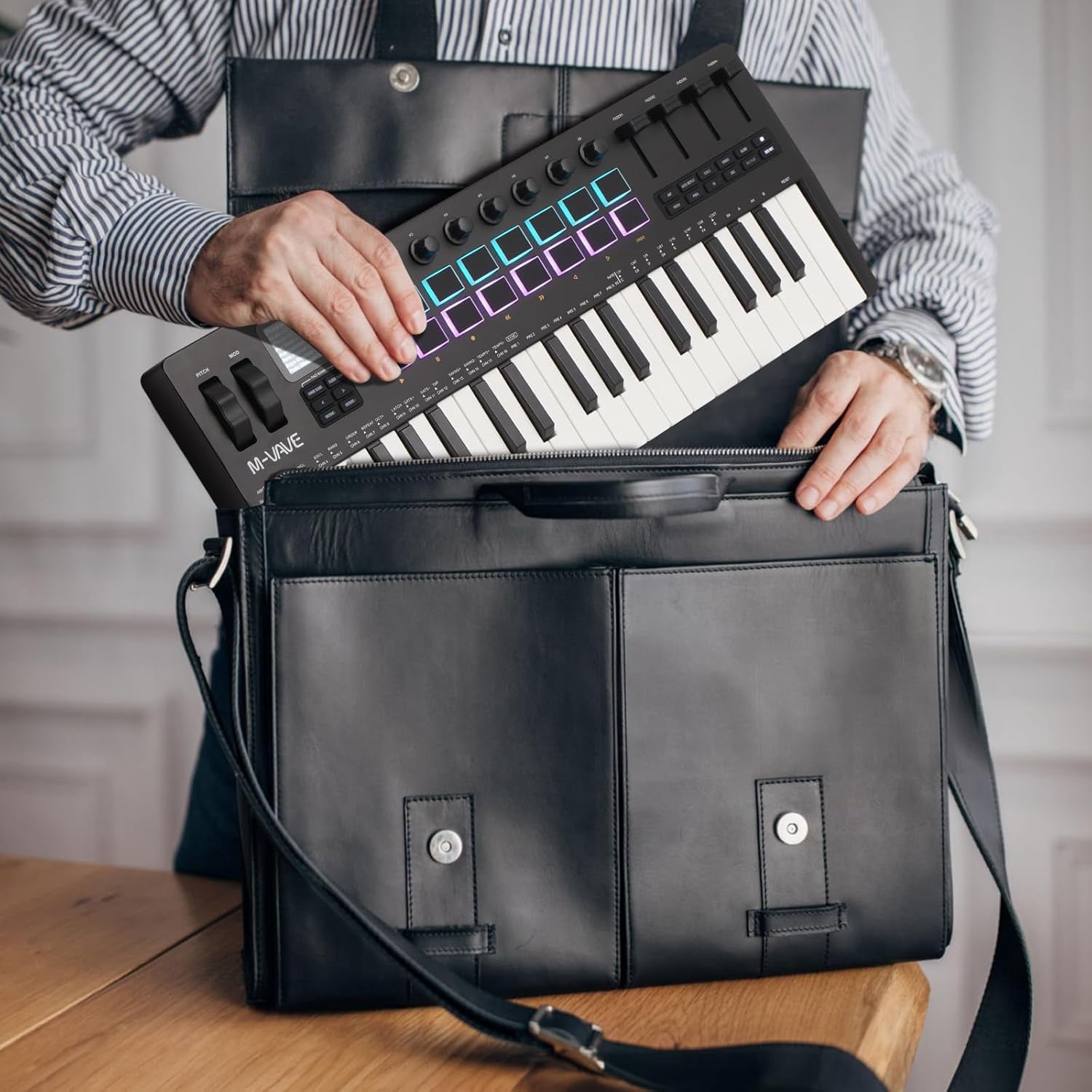 M-WAVE 37 Key USB MIDI Keyboard Controller With 16 Backlit Drum Pads, Bluetooth Semi Weighted Professional dynamic keybed 8 Knobs and Music Production,Software Included,Black