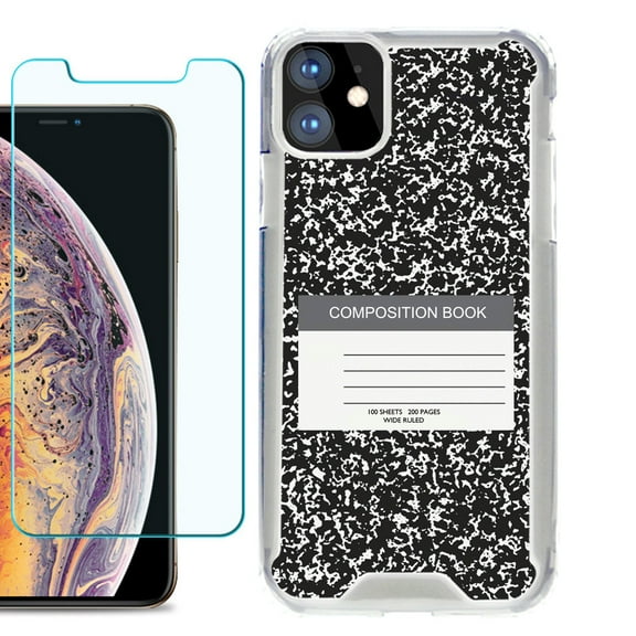 For Apple iPhone 11 Case, Hybrid Bumper Phone Case, with Tempered Glass Screen Protector, by OneToughShield ® - Composition Book