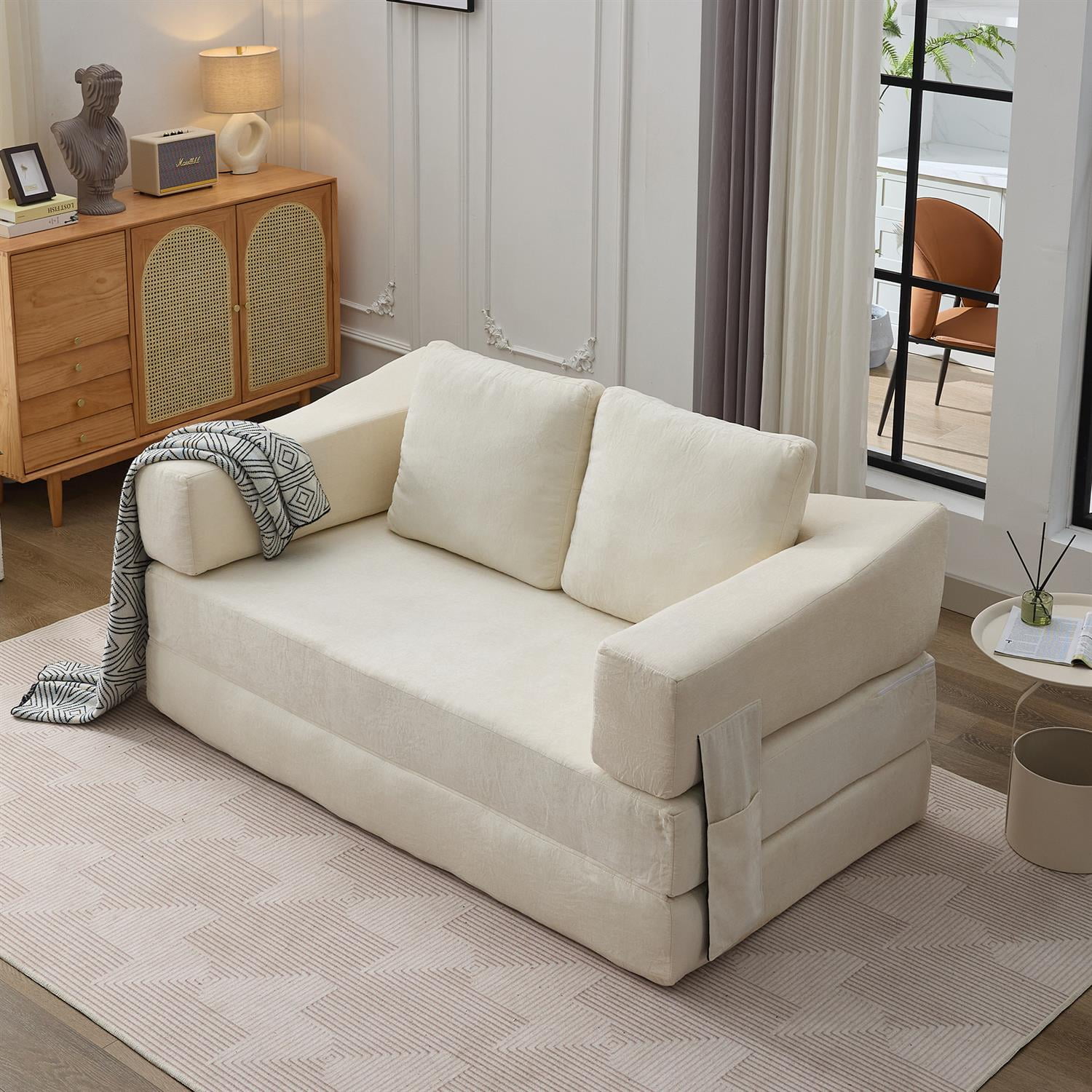 Demi Bonn 70" Modern Minimalist Convertible Sofa Bed, Fold-Out Sofa Chair, Versatile Floor Couch & Mattress for Living Room, Bedroom, Apartment, Removable Backrest, White