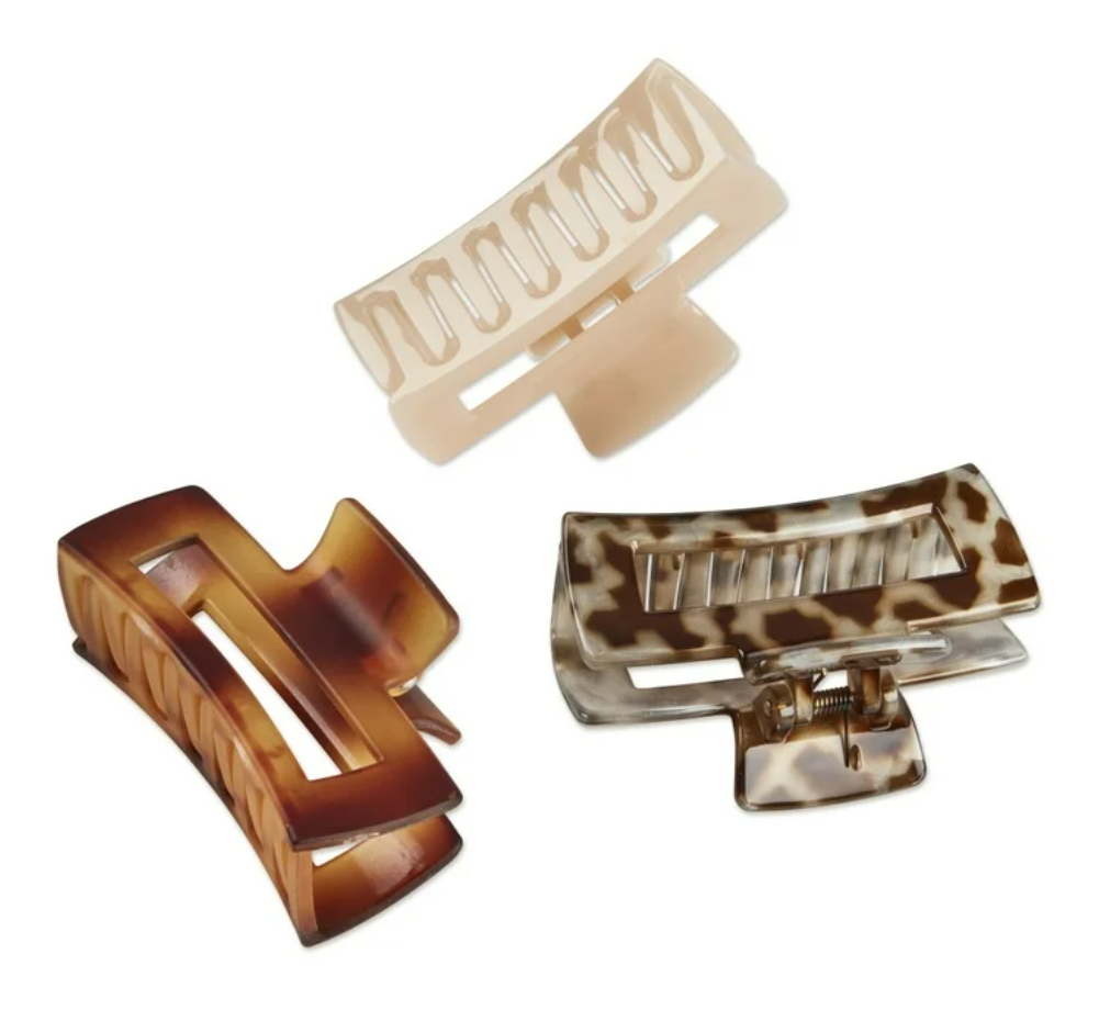 Scunci Neutrals Open Cut Rectangular Claw Clips & No Damage Elastic Stretch Nylon Ponytail Holder Hair Ties Set, Assorted Neutrals, 3 Ct & 30 Ct