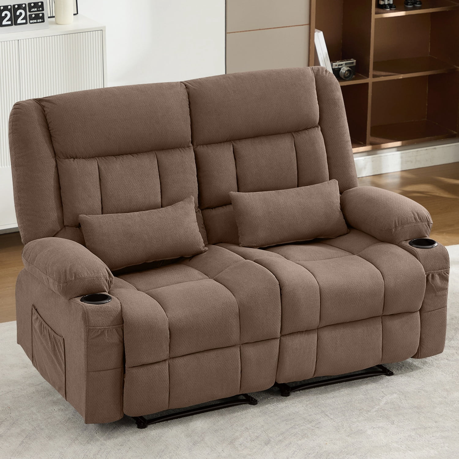Alvantor Loveseat Recliner Sofa for Adults with Cup Holders, Modern Overstuffed Manual Sofa Chair for Home Theater Brown