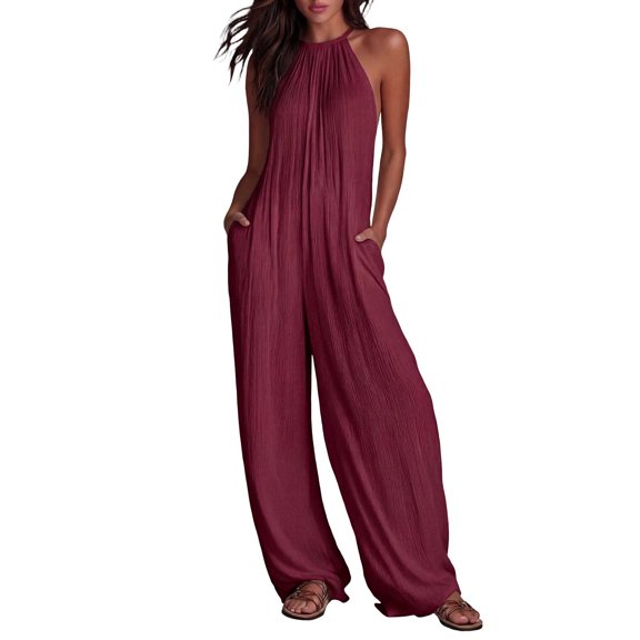 Women's Wide Leg Jumpsuits, Dressy Summer Boho Halter Sleeveless Romper One Piece Beach Vacation Outfits