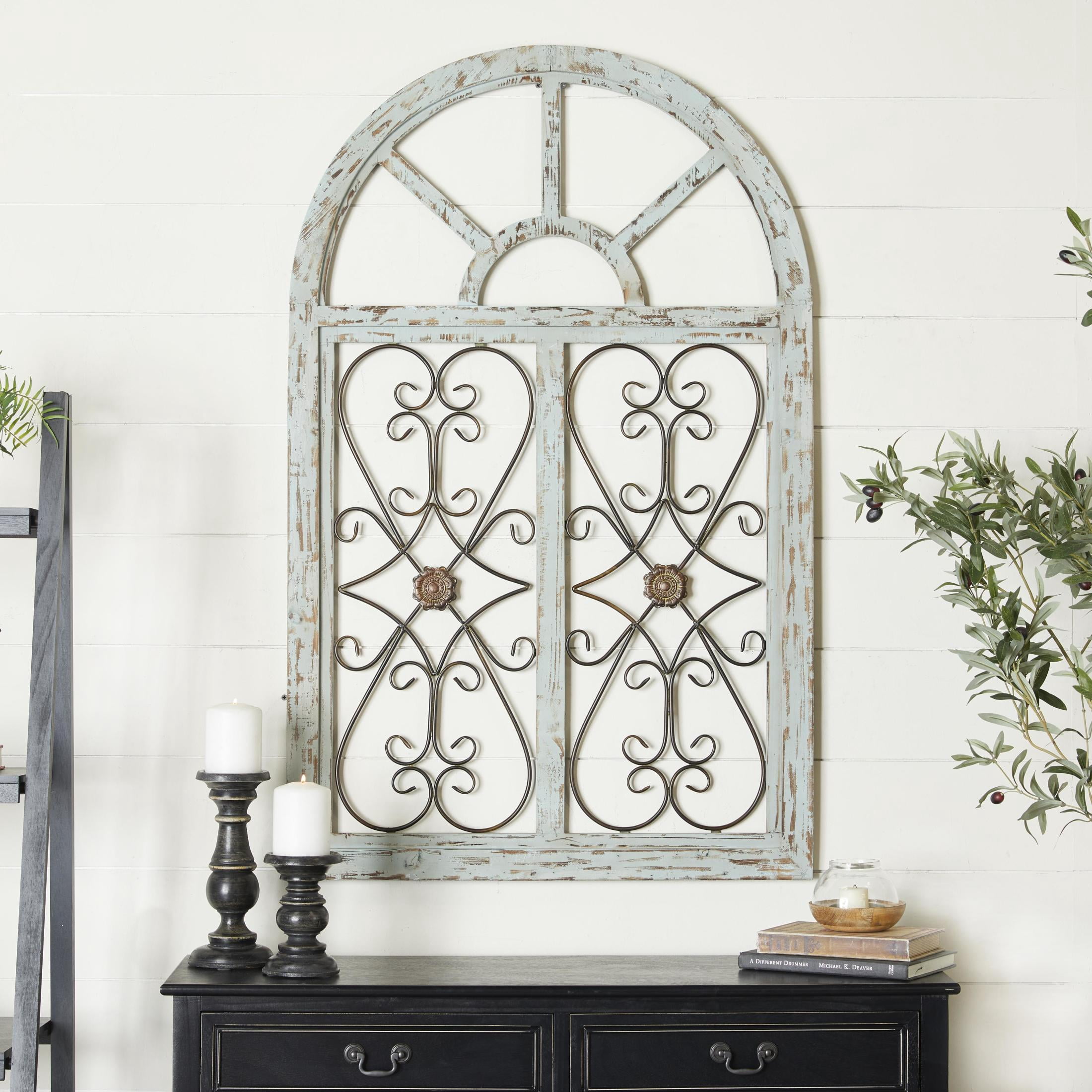 DecMode Light Blue Wood Arched Window Inspired Scroll Wall Decor with Metal Scrollwork Relief
