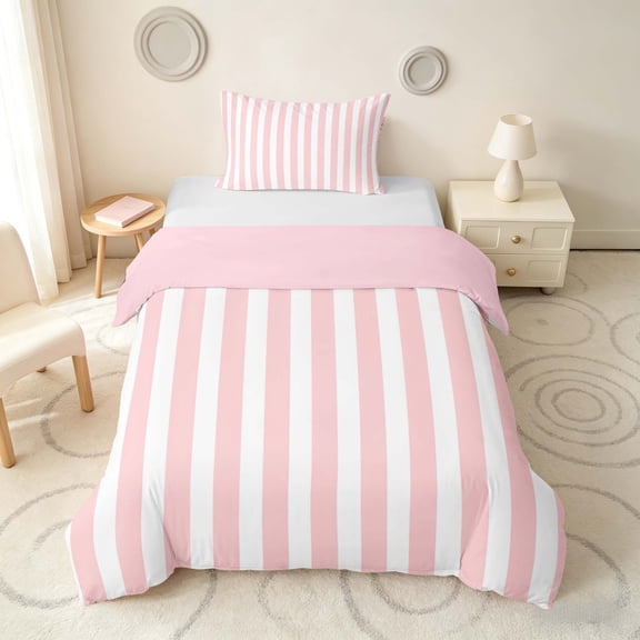 Manfei Geometric Stripe Twin Duvet Cover,Contemporary Minimalist Twin Bedding, Pink White, Pink Reversible 2pcs, 1 Duvet Cover and 1 Pillowcase