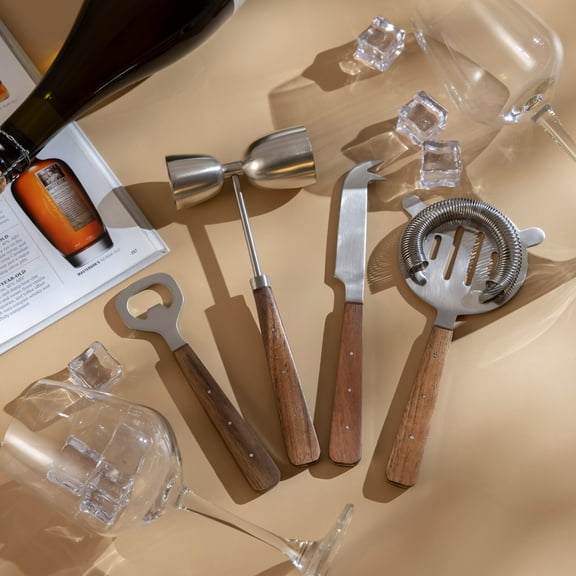 BIDK Home 4-Piece Stainless Steel Bar Tool Set with Handle - 8.25" - Silver and Brown