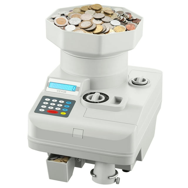 VEVOR Compteur de Pièces Professionnel Trieur de Pièces avec Écran LED, Idéal pour la Manipulation d'Argent et les Essentiels de Vente au Détail. Comprend un Grand Trémie à Pièces Pouvant Contenir jusqu'à 11 000 Pièces et un Panneau de Commande Convivial avec Boutons Numériques et Cadrans pour une Utilisation Facile. Conçu pour un Tri Efficace à une Vitesse de 1300 Pcs par minute, Il Prend en Charge Diverses Monnaies et Comprend une Boîte de Rejet de Pièces et un Sac en Tissu pour un Emballage et un Rangement Pratiques.