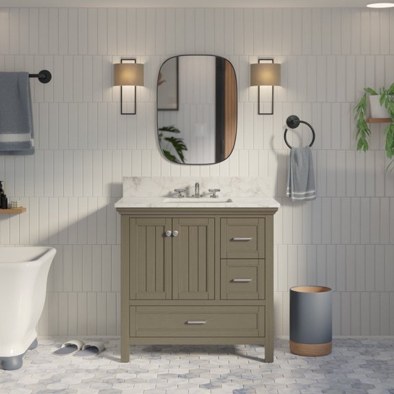 Paige 36" Bathroom Vanity with Weathered Gray Cabinet and Carrara Marble Top