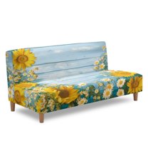 ZIATUBLES Sofa Slipcover Armless Futon Cover, Stretch Elastic Couch Cover Dustproof Furniture Protector Machine Washable for Sofa Bed, Home, Sunflower Daisy Wood Grain Print
