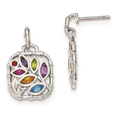 Multi Stone Dangle - Sterling Silver Multi Gemstone Post Dangle Polished Earrings 16mm x 26mm