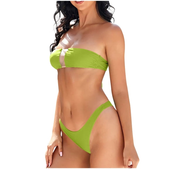 Yuanlook Women's 2 Piece Bandeau Bikini Set Sheer Mesh Panel Strapless Top High Cut Cheeky Bottoms Size S-L