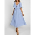 thumbnail image 4 of Suagox Women Midi Dress Solid Color V-Neck Tie Knot Front Ruched Short Sleeve Dress Summer Casual Dress A-line Dress, 4 of 9