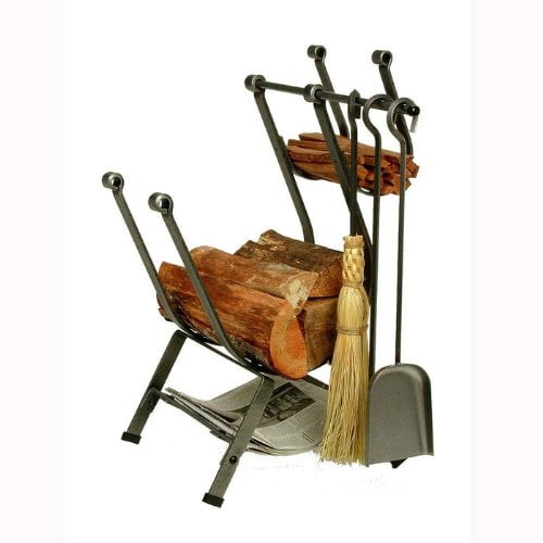 Enclume Front Loading Log Rack with Fireplace Tools, Hammered Steel