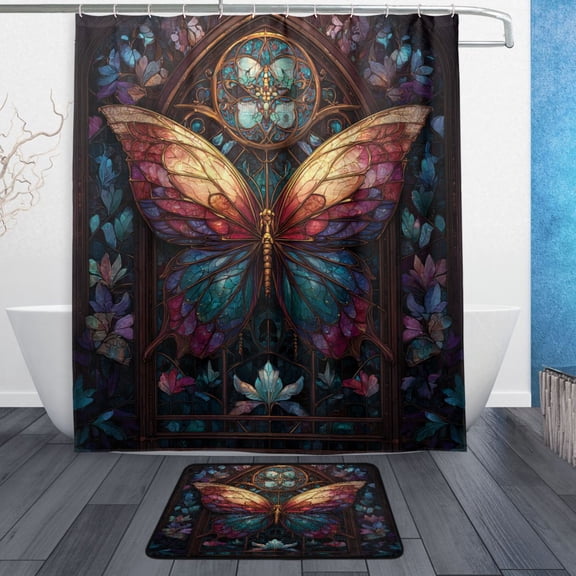 TTYFWHD 60" x 72" Shower Curtain and Bath Mat Set Multi-color Metal Butterfly Waterproof Bathroom Curtain with 12 Hooks, Bathroom Decor Set