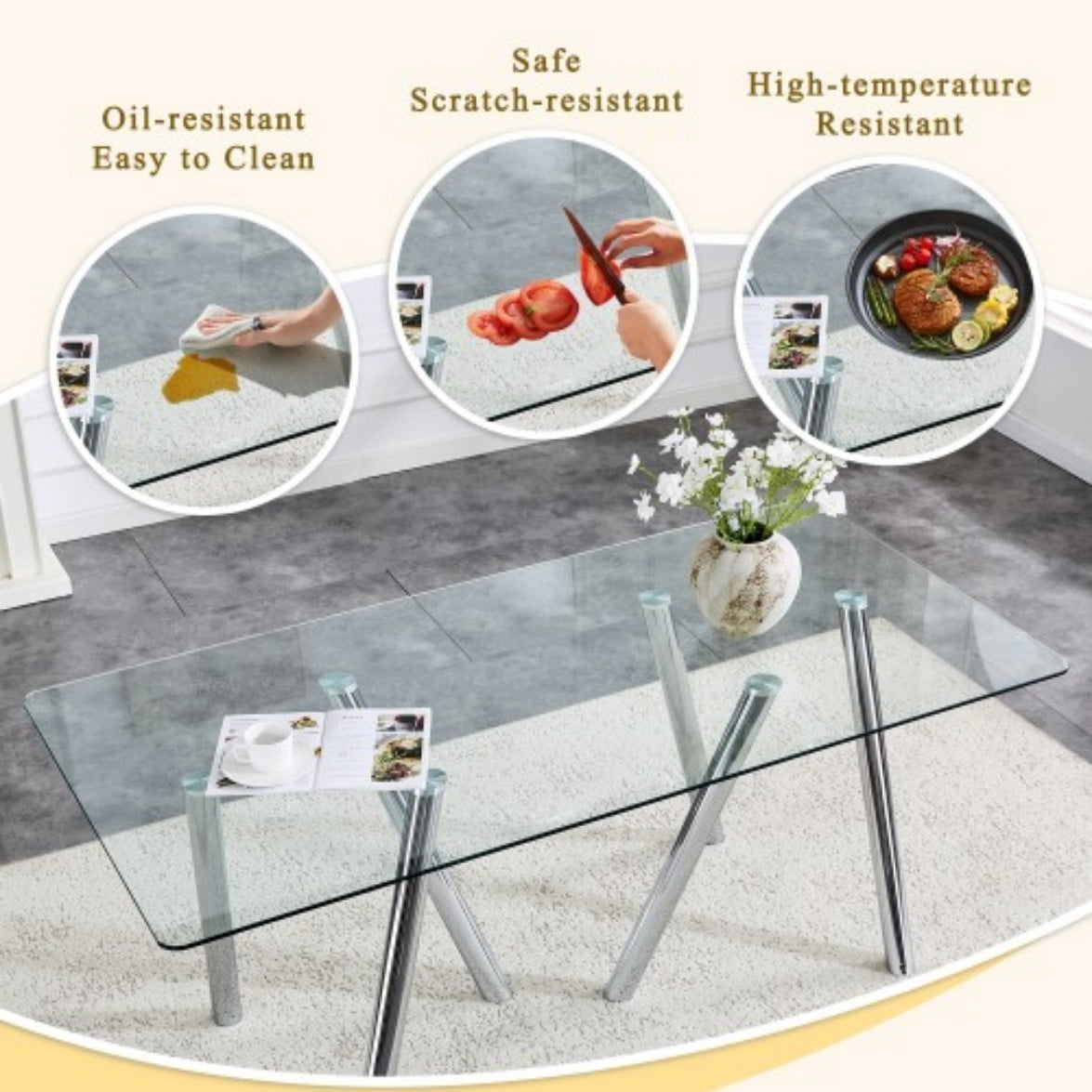71" Tempered Glass Dining Table, Modern Large Kitchen Table with Sturdy Metal Legs, Round Edge Dining Room Table for Home & Family, Silver