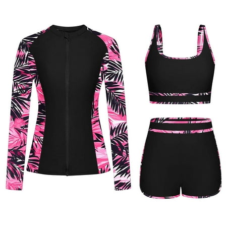 Jamicy Modest Swimwear for Women 2025 New Women s 3 Piece Rash Guard Long Sleeve Swimsuits Zip Up Upf 50+ Built In Bra Swim Shirts with Boyshorts Quick Dry