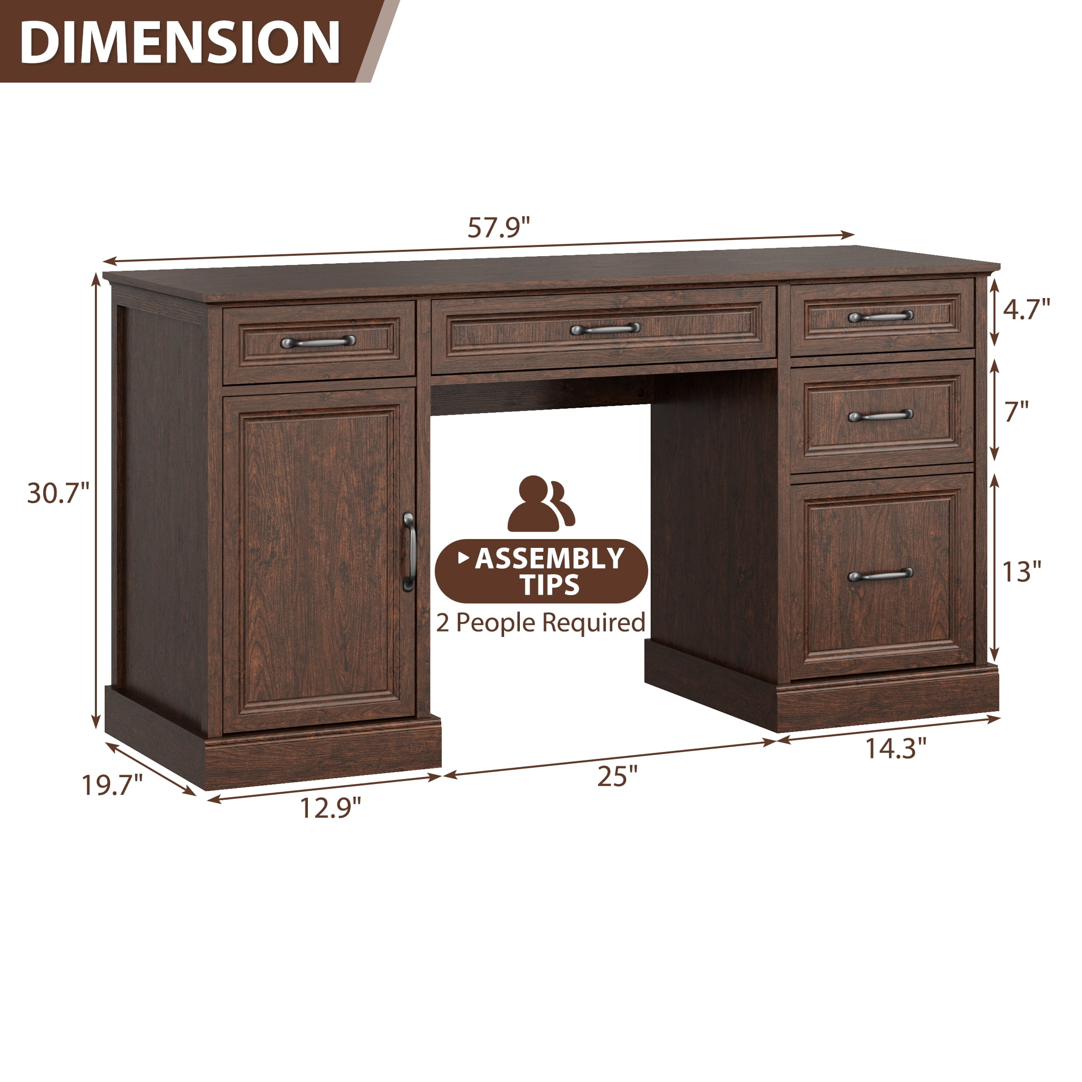 YouTrend 58'' Farmhouse Executive Desk,Wood Home Office Computer Desk with 5 Drawers and Storage Cabinet for Work Study Writing,Brown