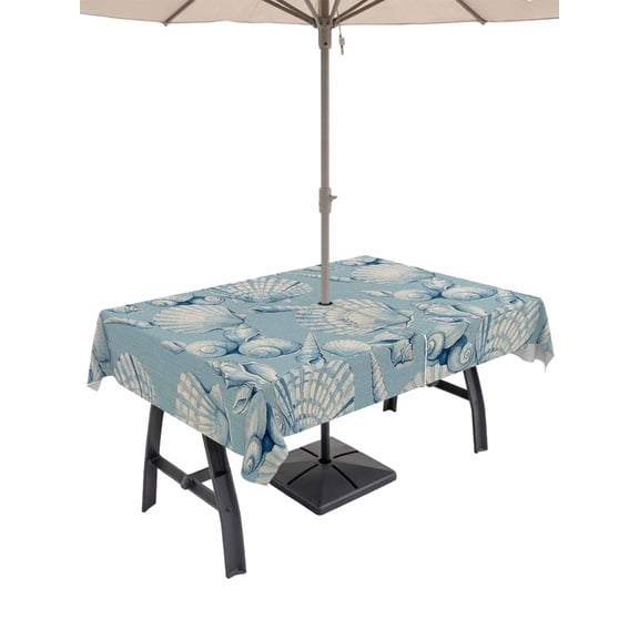 Outdoor Tablecloth with Umbrella Hole for Patio/Picnic/Party/Camping, Coastal Blue Conch Waterproof Table Cloth Rectangle Table Cover Washable, Vintage Summer Beach Shells Marine (60"x 84")